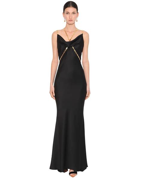 Versace Long Satin Dress W/ Gold Chain Detail in Black 